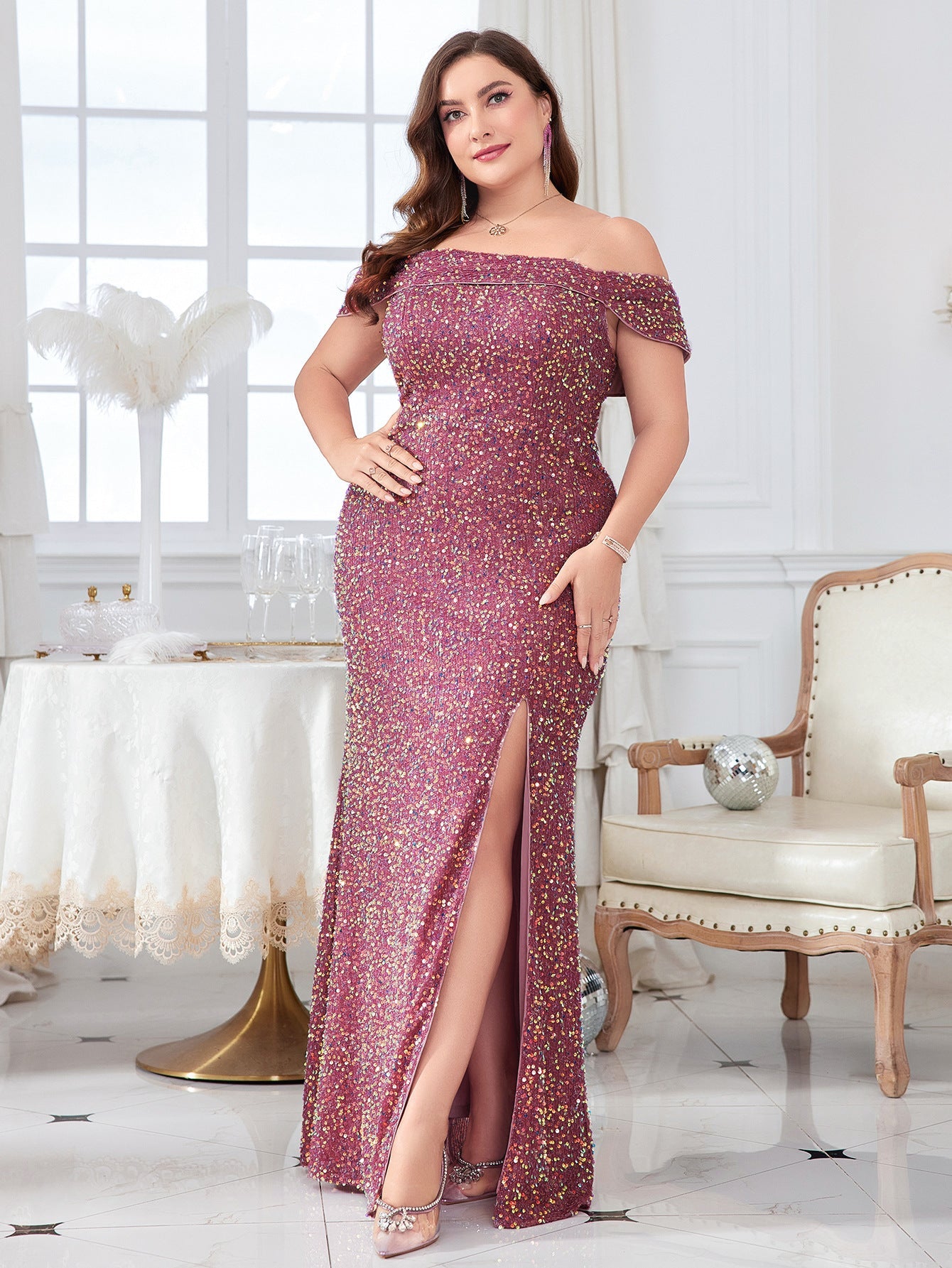 Plus Size Off-Shoulder Sequin Slit Dress for Formal Evening Parties