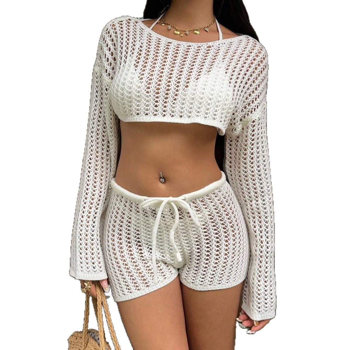 Solid Knitted Hollow-Out Cover-Up Two-Piece Swimsuit Set for Beachwear