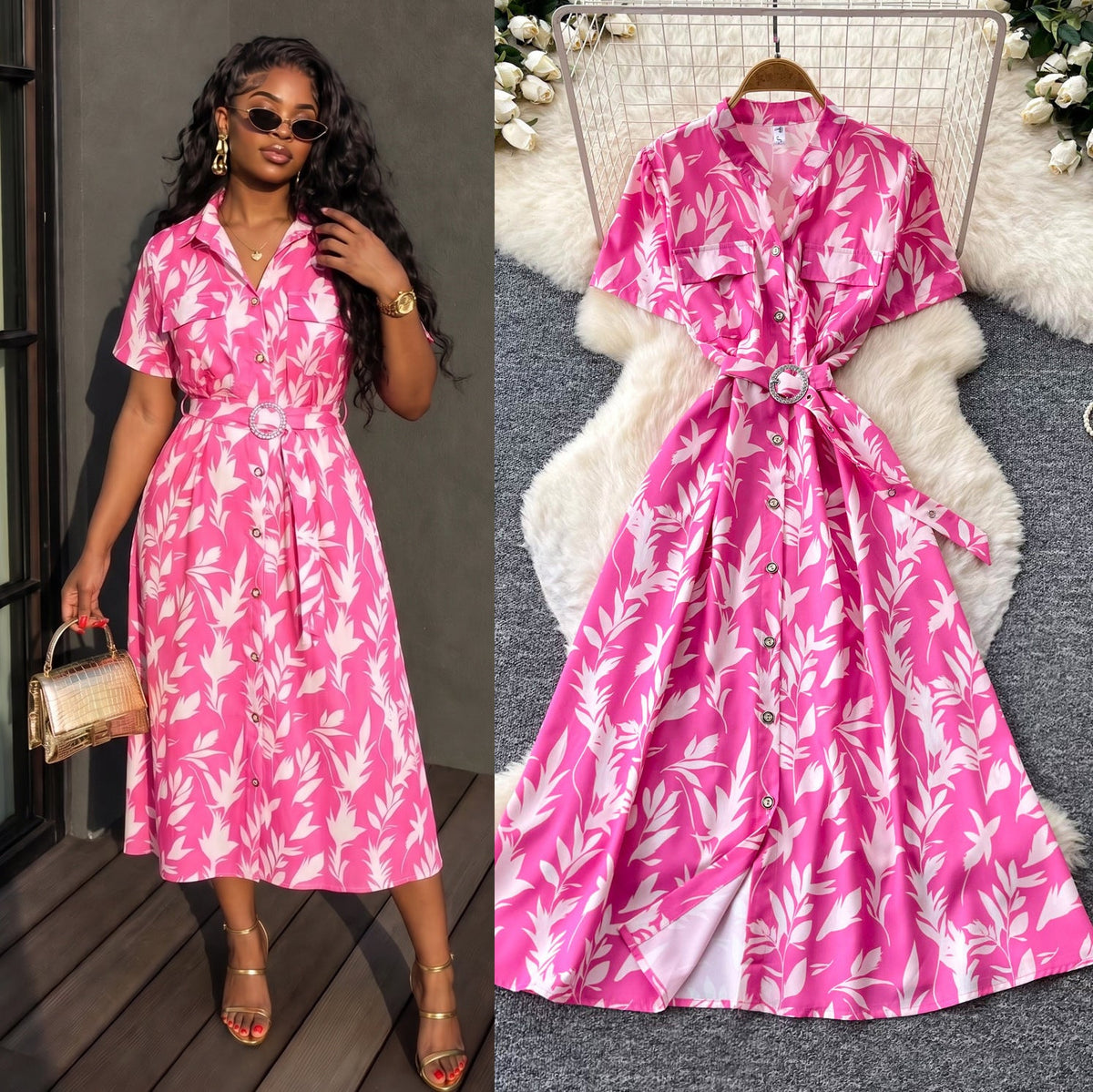 Printed V-Neck Short Sleeve Maxi Dress for Summer