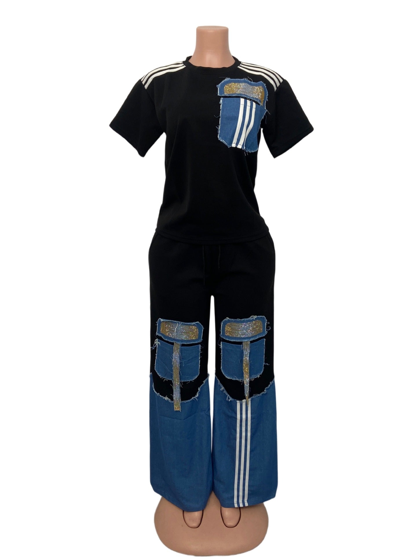 Denim Patchwork Beaded Short-Sleeve Top & Wide-Leg Pants Set for Summer
