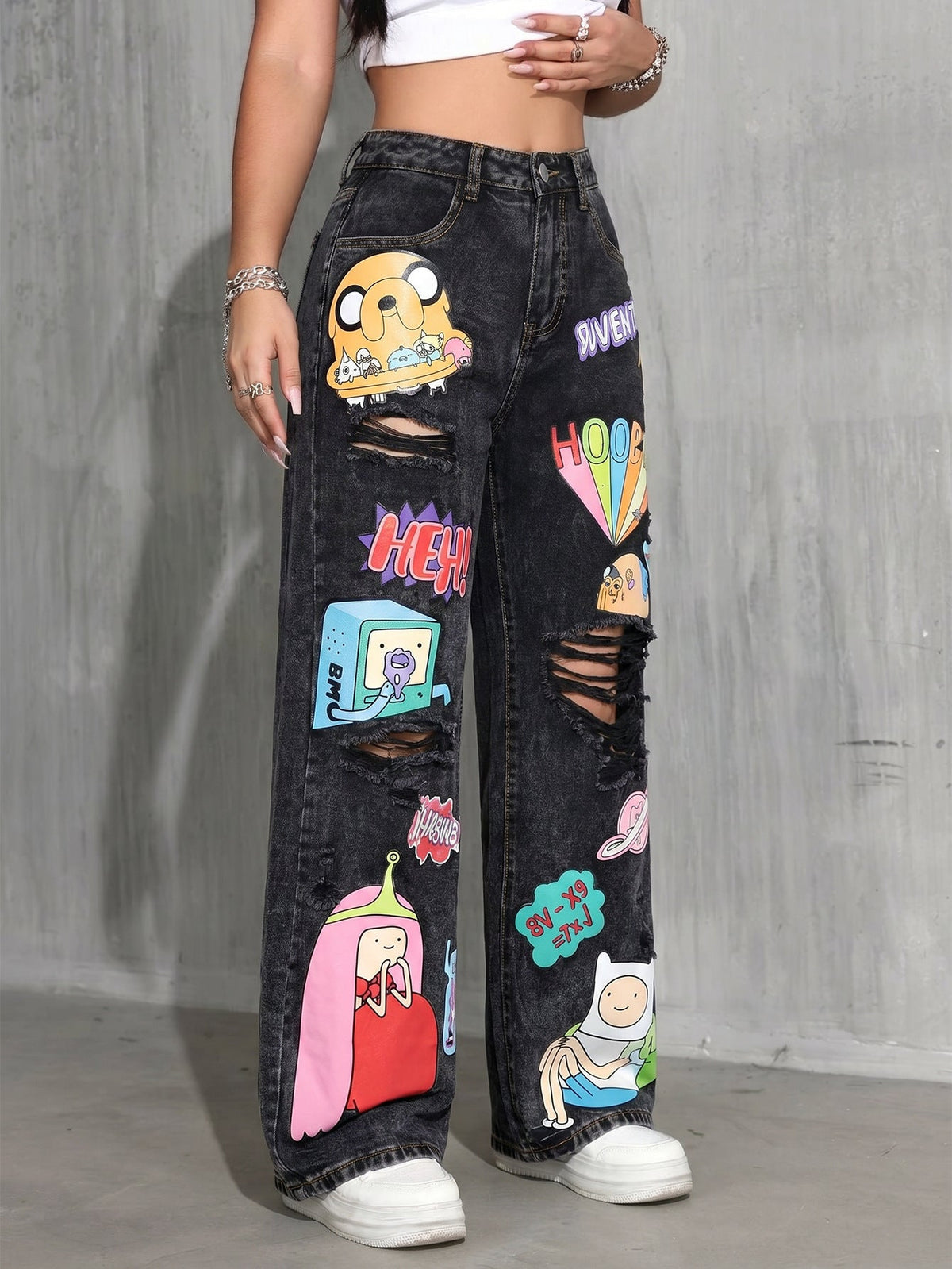 High Waist Washed Printed Ripped Wide Leg Denim Jeans for Casual Streetwear