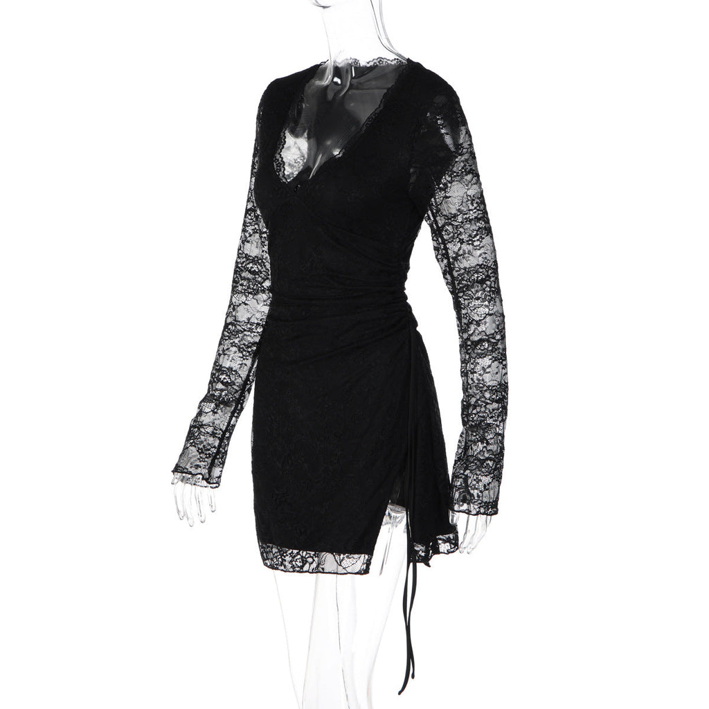 Lace Hollow-Out Split Bodycon Mini Dress for Clubwear