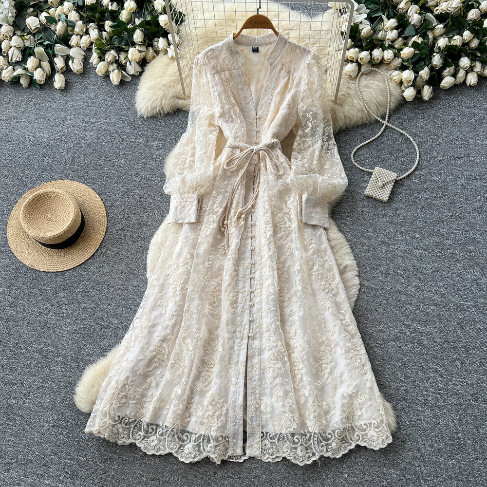 Lace Embroidery V-Neck Long Sleeve Maxi Dress for Summer