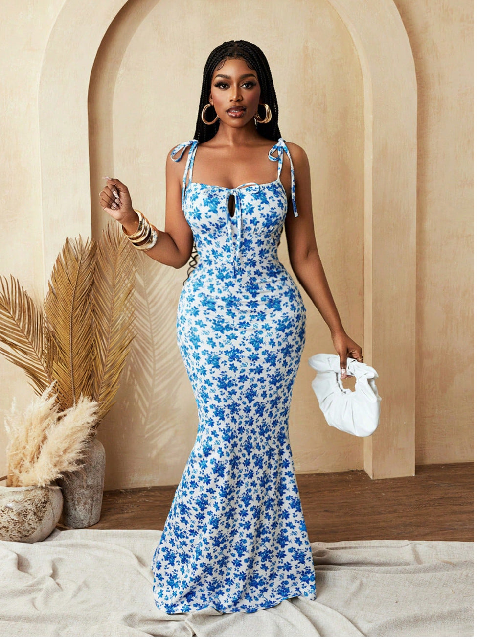 Floral Tie-Strap Cami Mermaid Maxi Dress for Summer Events