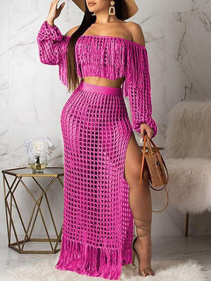 Indiebeautie – Crop-Top und Rock mit Netzstoffquasten im Set