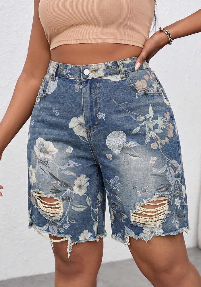 Plus Size Ripped Printed Denim Shorts for Casual Wear