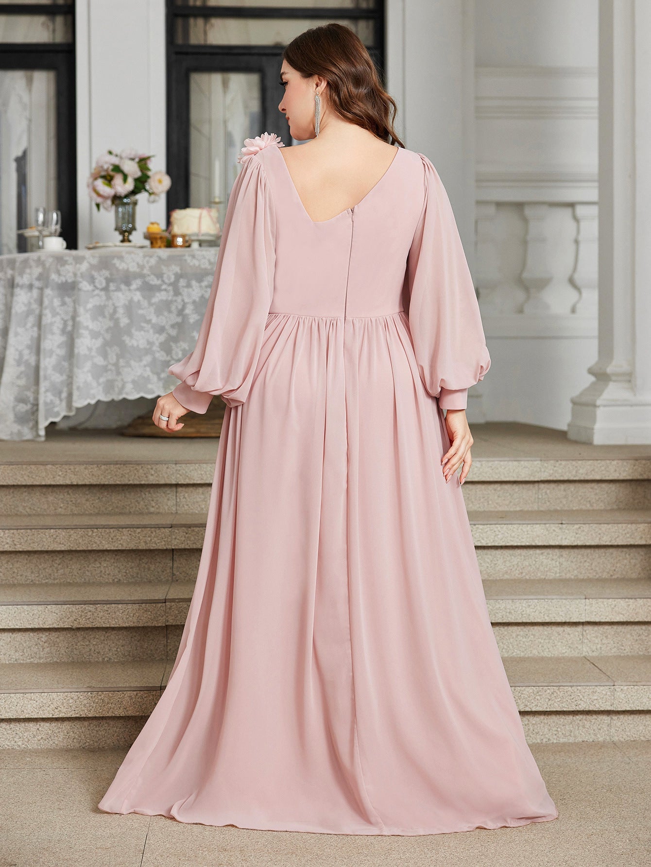 Plus Size Slash Shoulder Applique Lantern Sleeve Long Dress for Bridesmaids & Formal Events