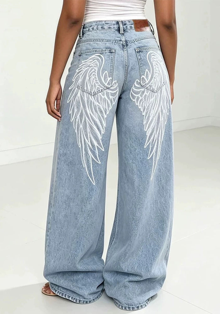 Large Wing Print Washed Denim Pants for Streetwear