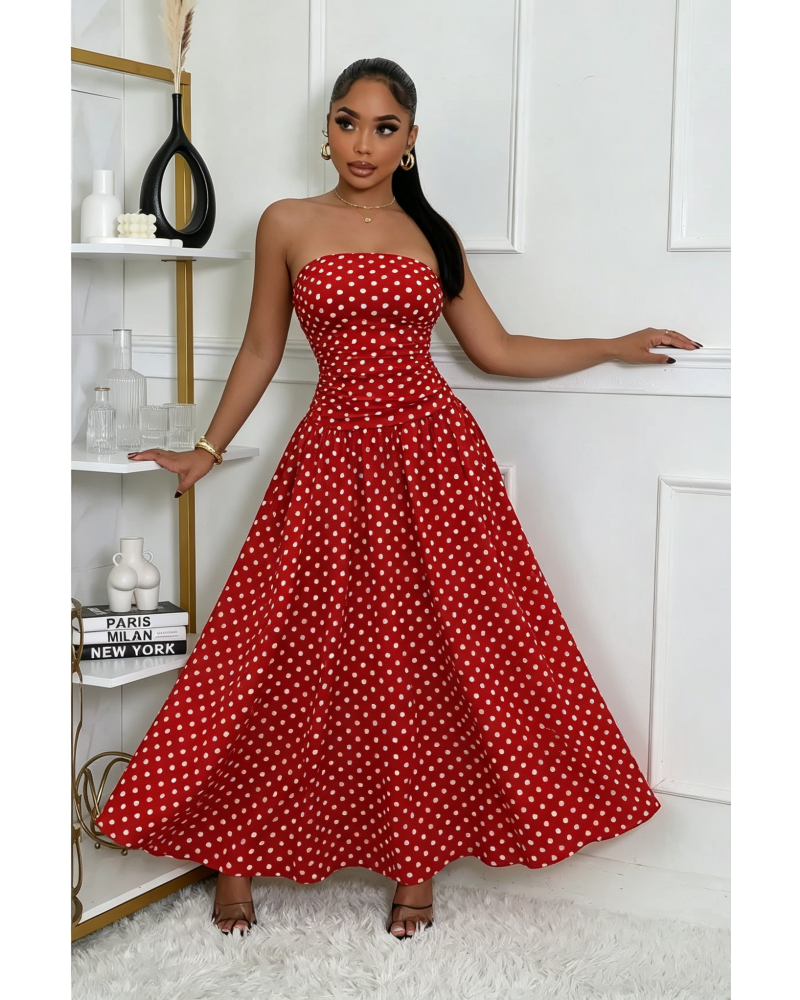 Crimson Dot Strapless Maxi Dress