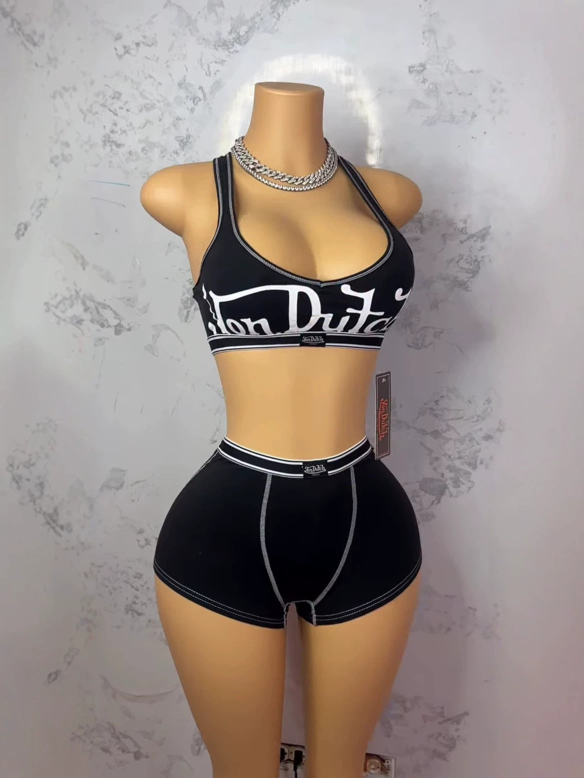 Color Block Letter Print Halter Tank Top & Shorts Two-Piece Set for Summer