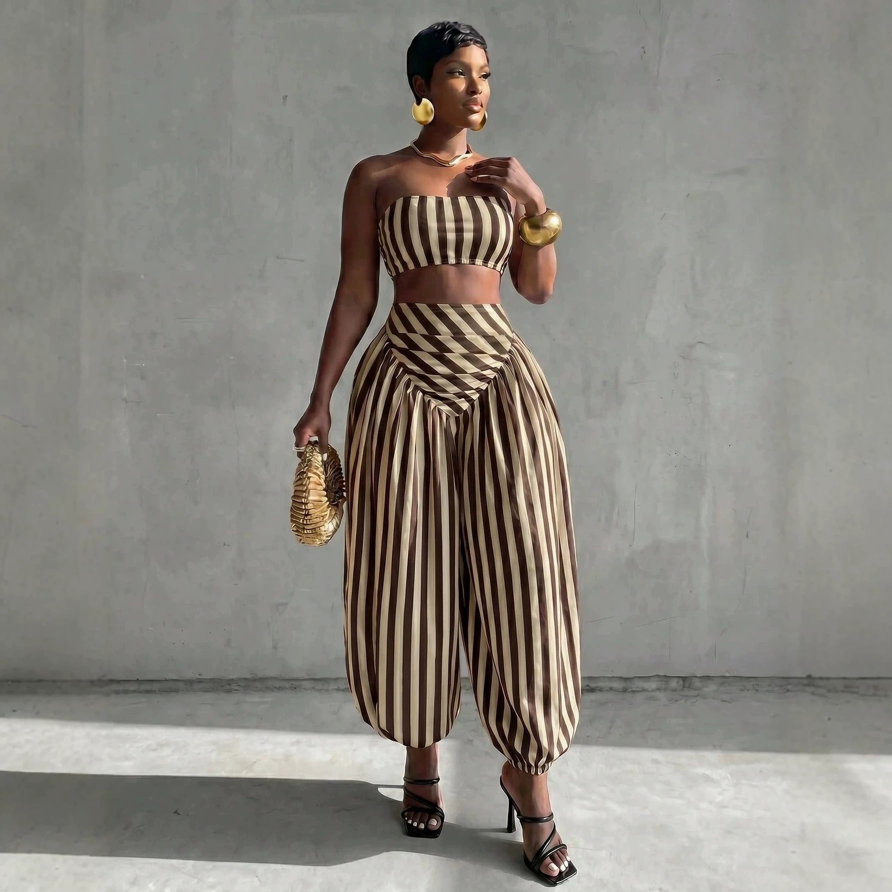 Red & White Striped Crop Top & Lantern Pants Two-Piece Set