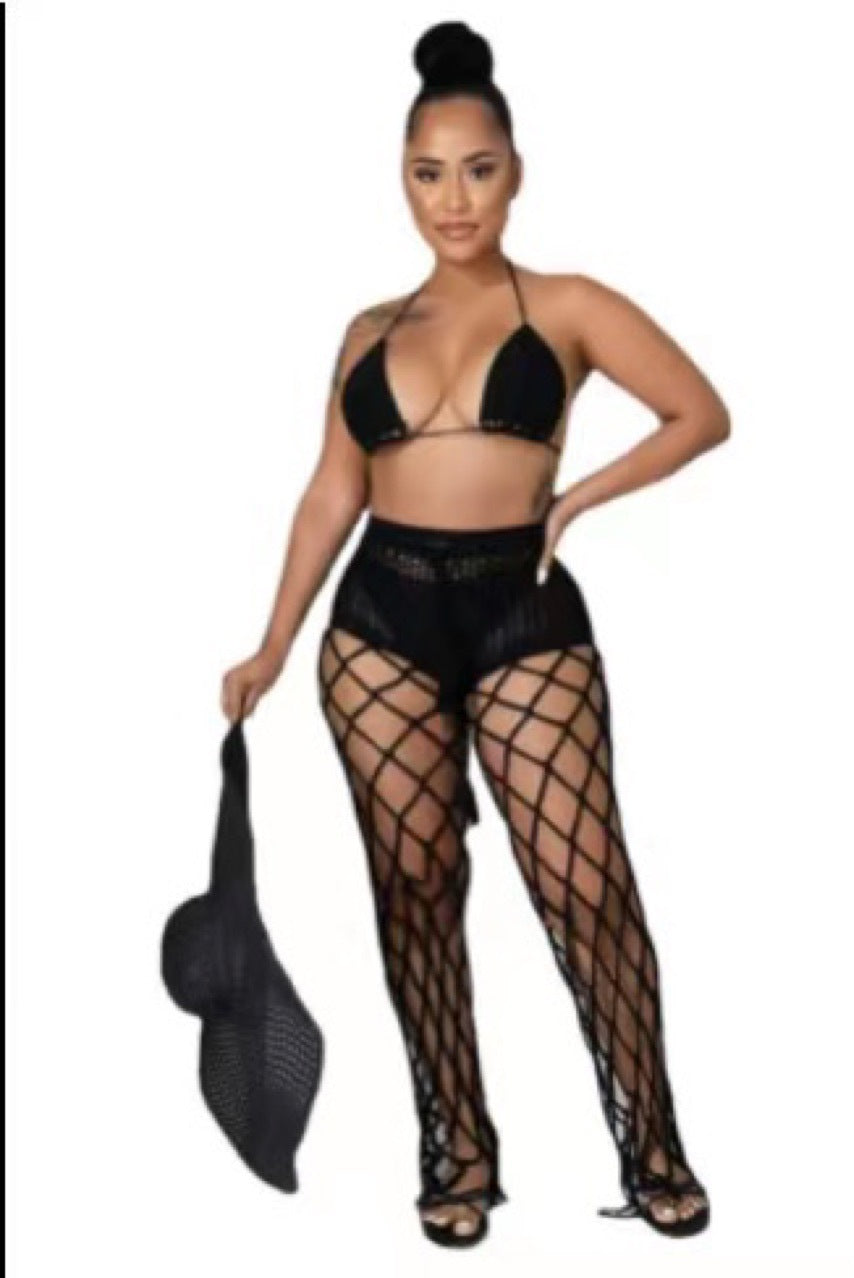 See-Through Hollow-Out Crochet Fishnet Pants Set for Beachwear