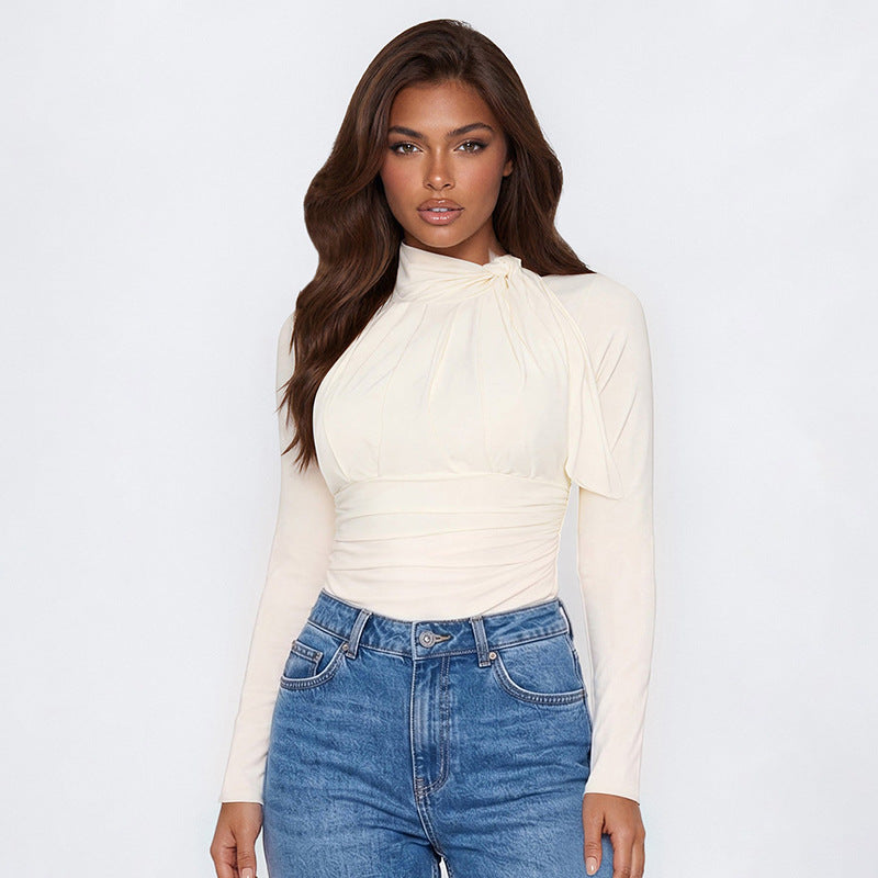Solid Round Neck Long-Sleeve Lace-Up Romper for Fall & Winter Casual