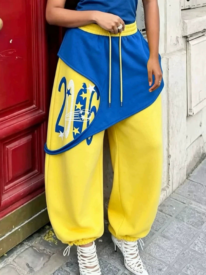 Printed Color-Block Faux-Layered Drawstring Jogger Sweatpants for Activewear
