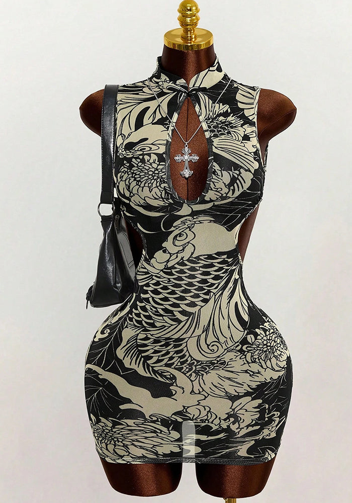 Mesh See-Through Sleeveless Backless Hollow-Out Bodycon Dress for Clubwear