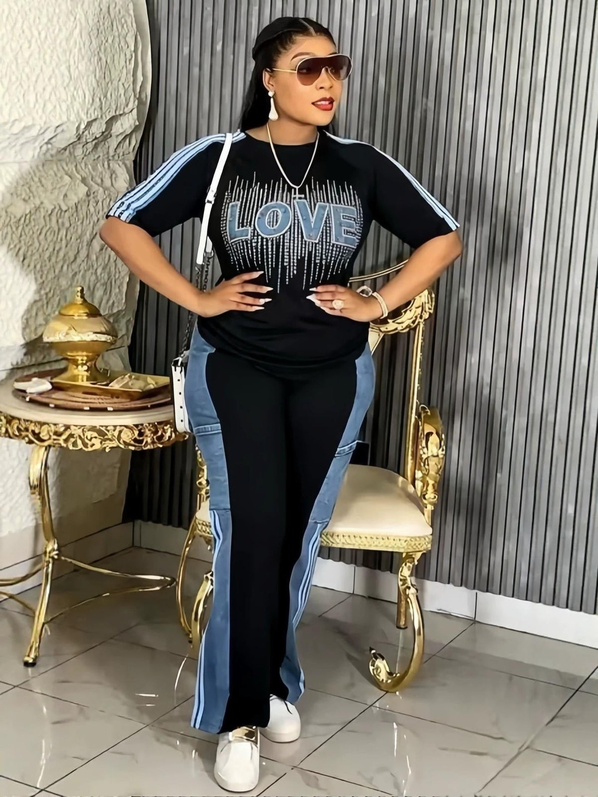 Plus Size Beaded Short Sleeve Color Block Striped Patchwork Denim Pants Set