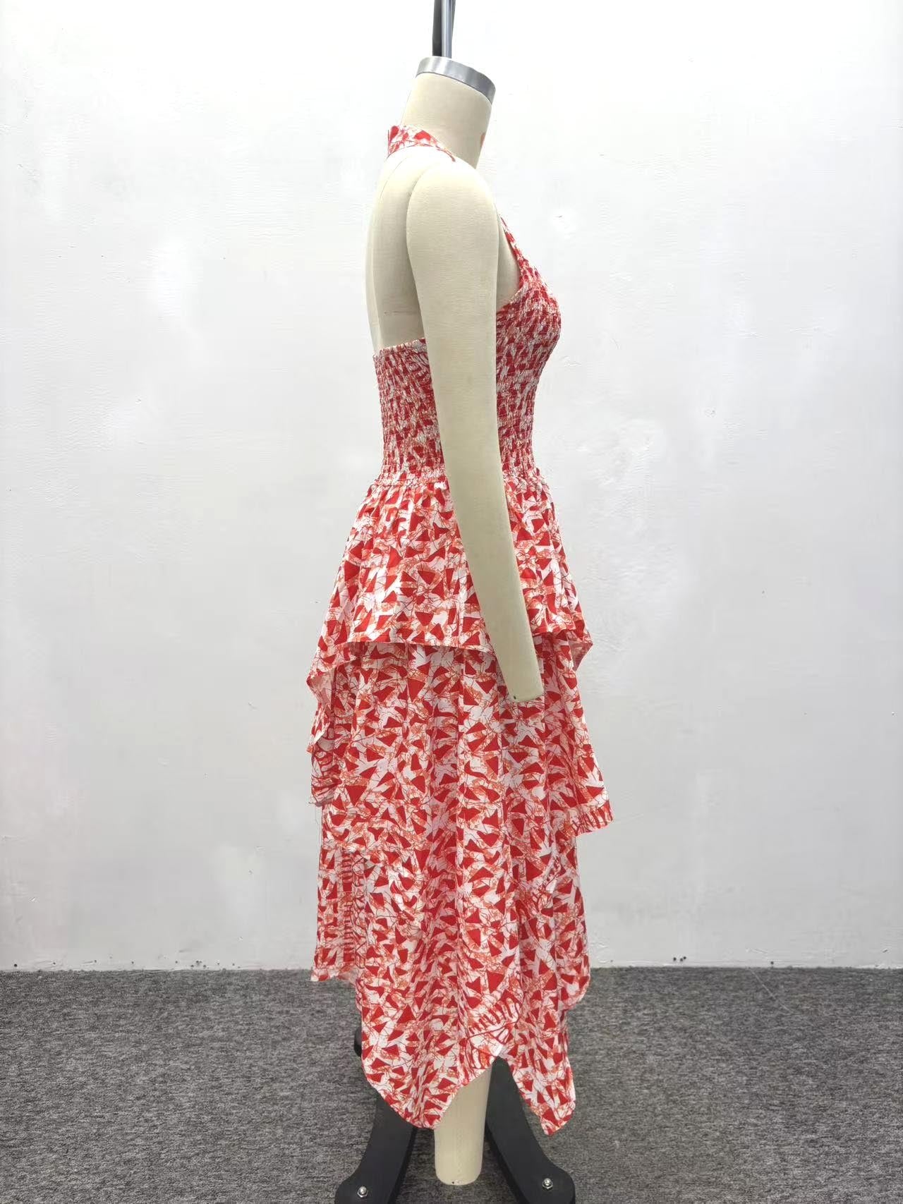 African Printed Halter Neck Ruched Irregular Maxi Dress for Evening Wear