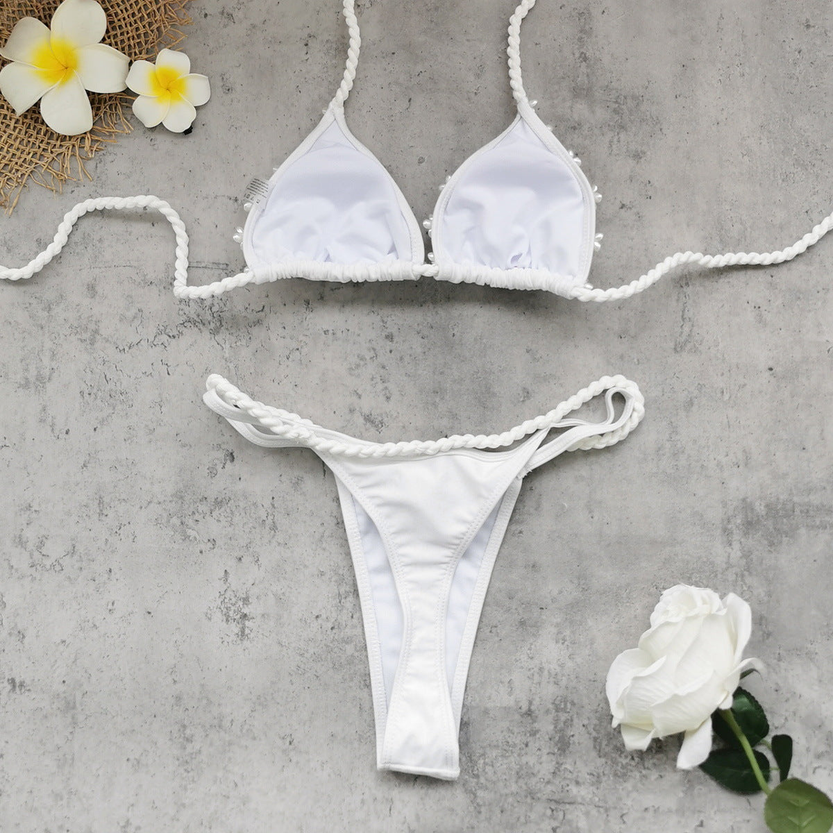 White Rope Lace-Up Backless Two-Piece Bikini for Pool Parties