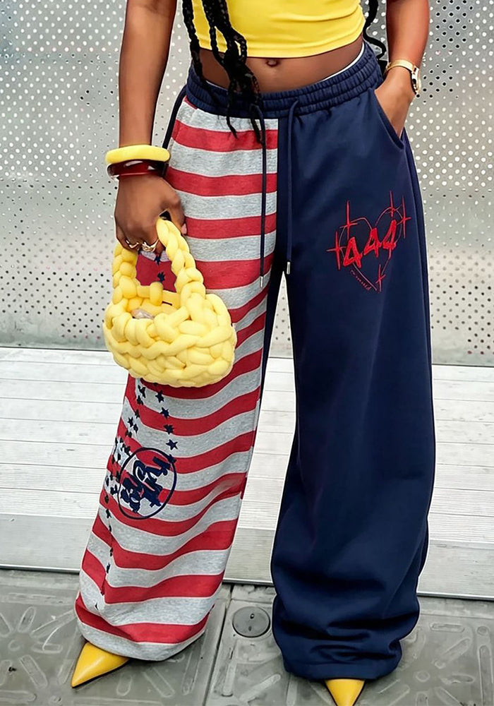Striped Star Color-Block Letter-Embroidered Drawstring Sweatpants for Casual Wear