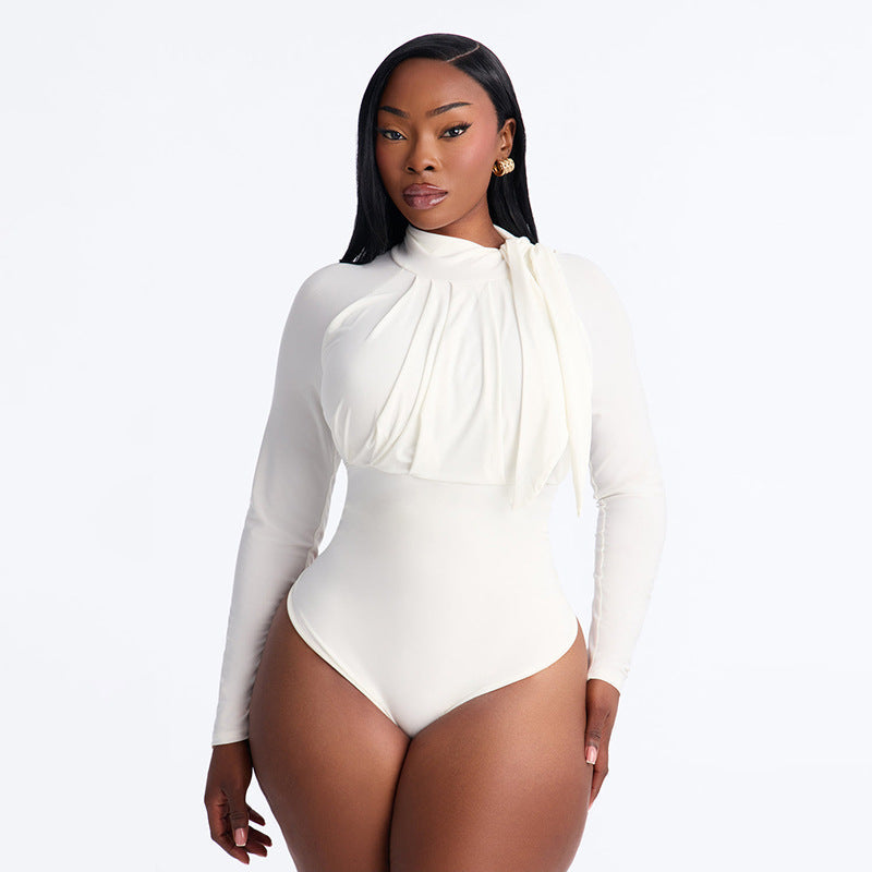 Solid Round Neck Long-Sleeve Lace-Up Romper for Fall & Winter Casual
