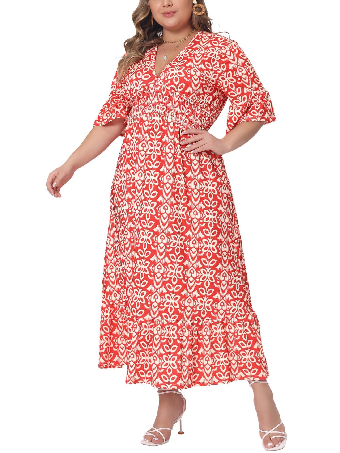 Plus Size Printed Short-Sleeve Maxi Dress for Casual Wear