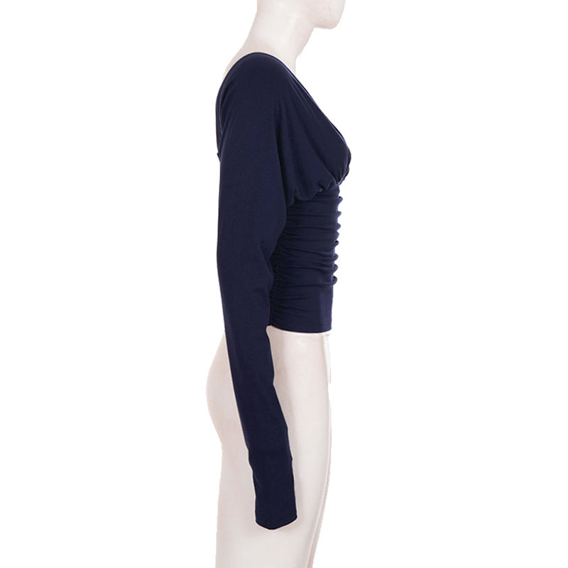 Deep V-Neck Long Sleeve Pleated Slim Waist Top for Evening Wear