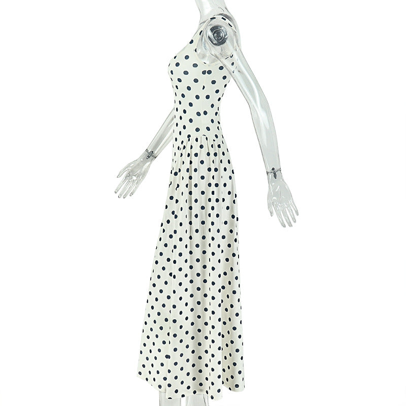 Polka Dot Round Neck Sleeveless A-Line Strap Dress for Casual Wear