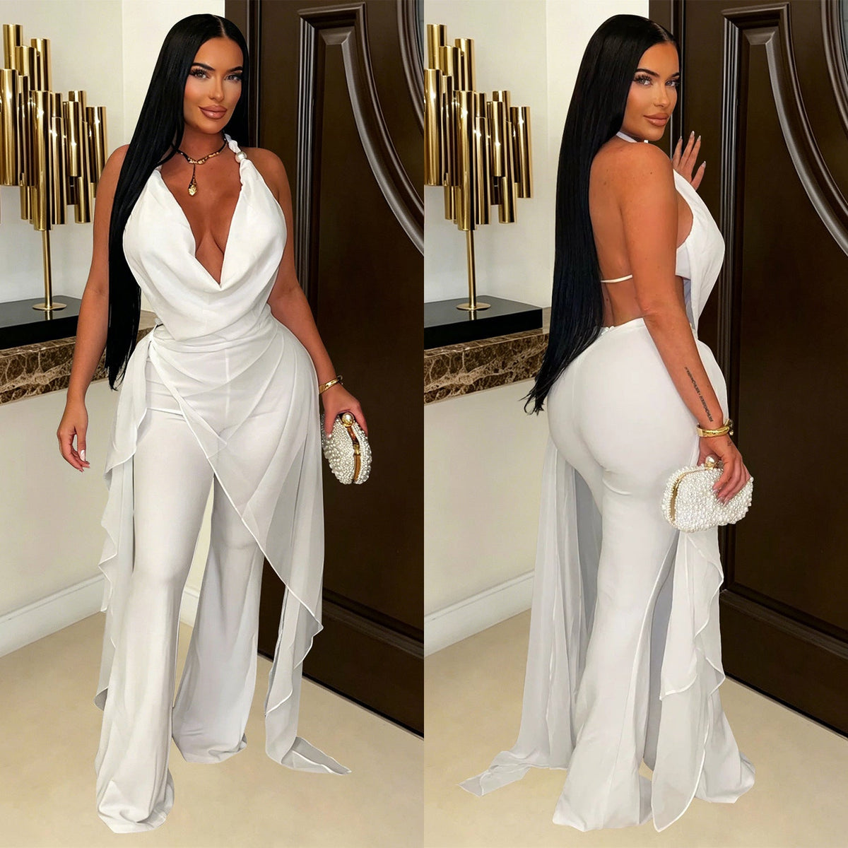 Halter Cowl Neck Irregular Tassel Top & Wide Leg Pants Set for Casual Wear