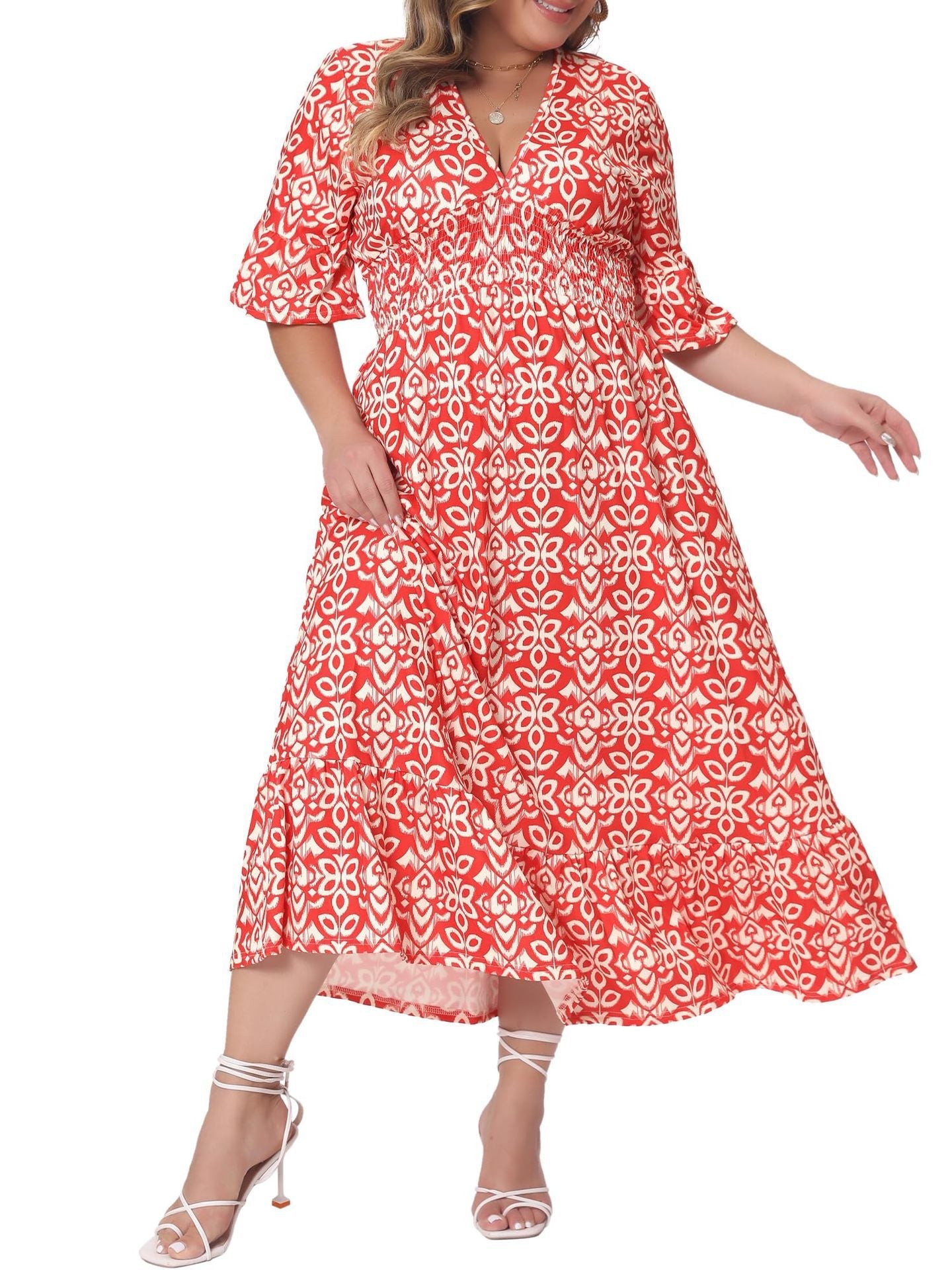 Plus Size Printed Short-Sleeve Maxi Dress for Casual Wear