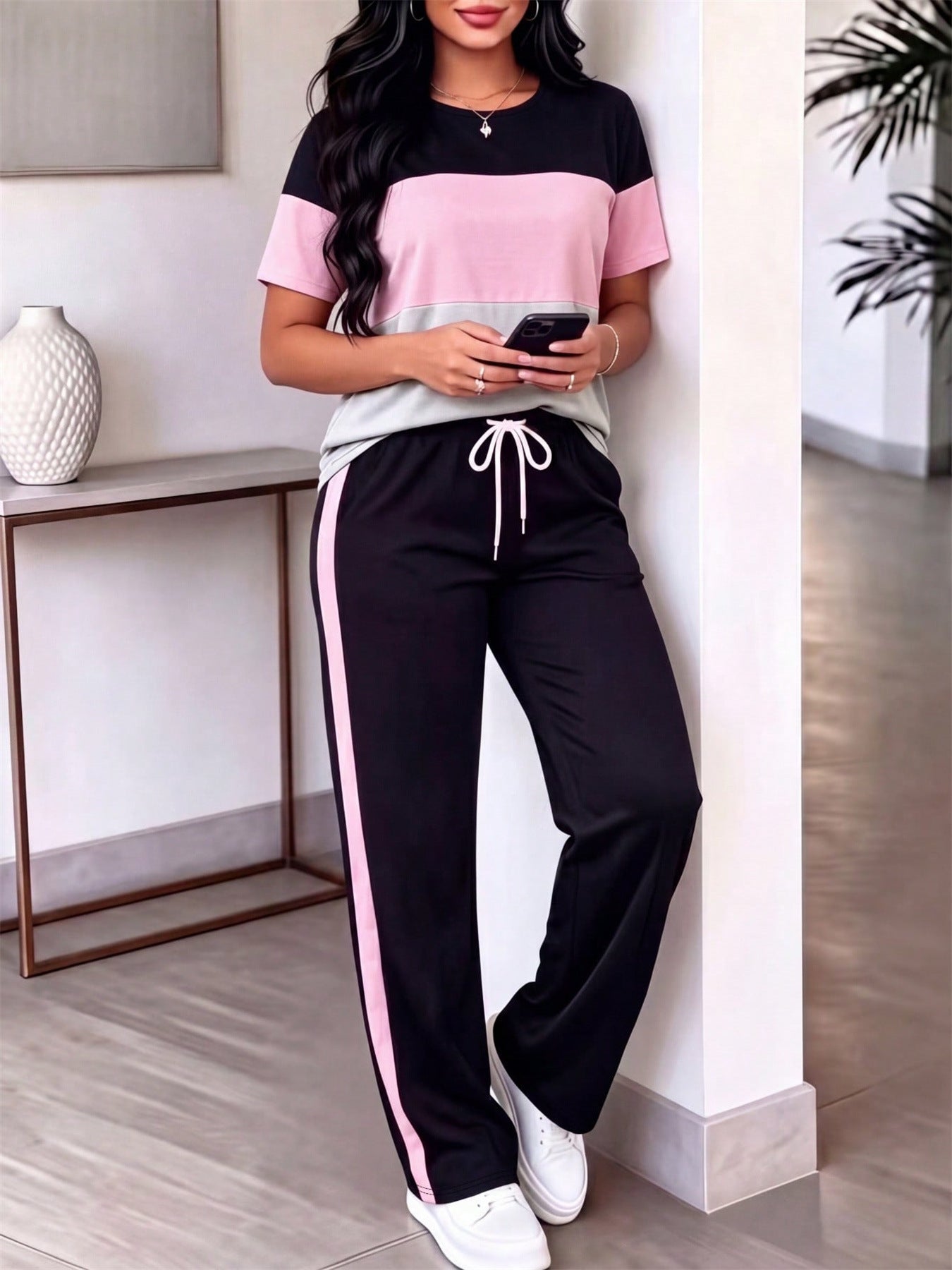 Striped T-Shirt & Drawstring Pants Two-Piece Set for Spring/Summer Casual