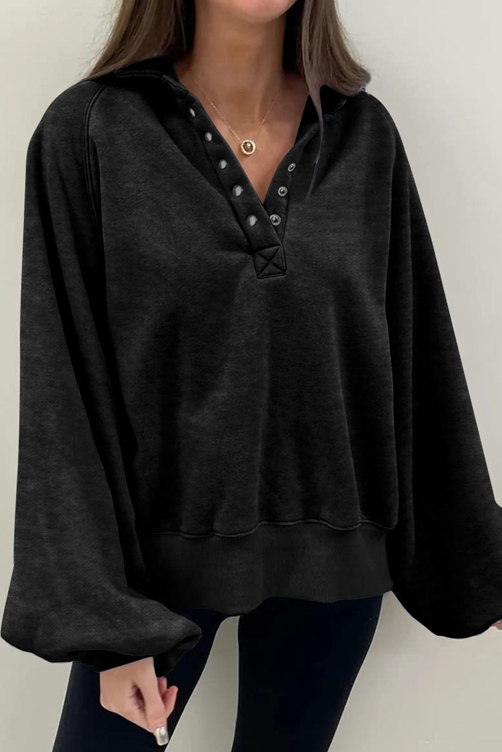 Buttons Balloon Sleeve Oversized Sweatshirt