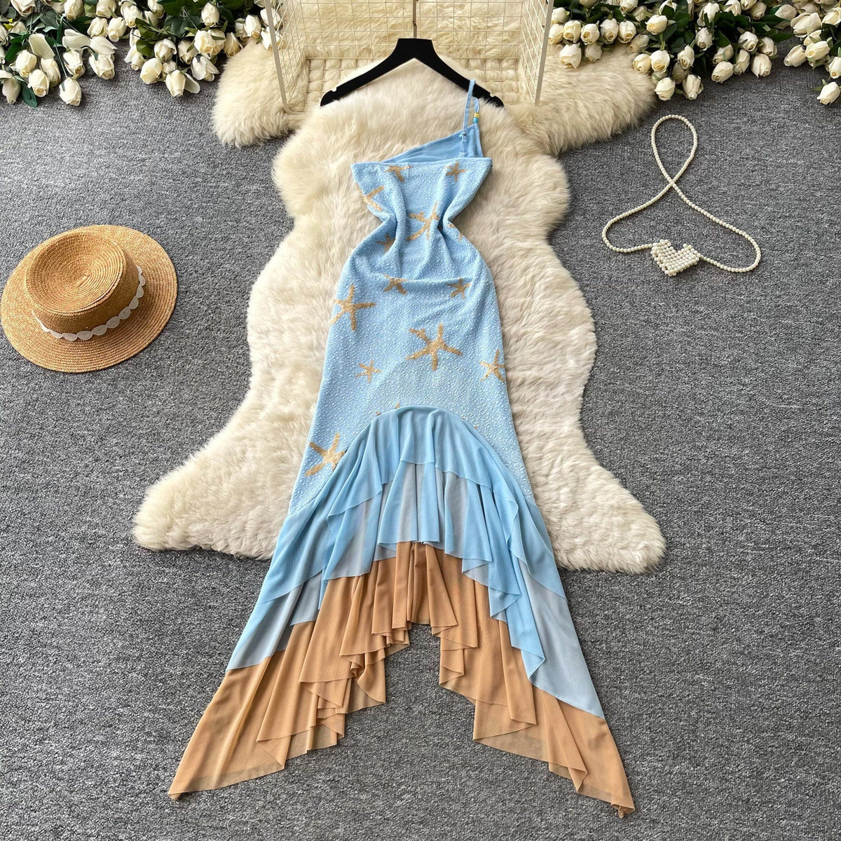 Slash Shoulder Spaghetti Strap Gradient Irregular Mermaid Hem Dress for Summer Holidays
