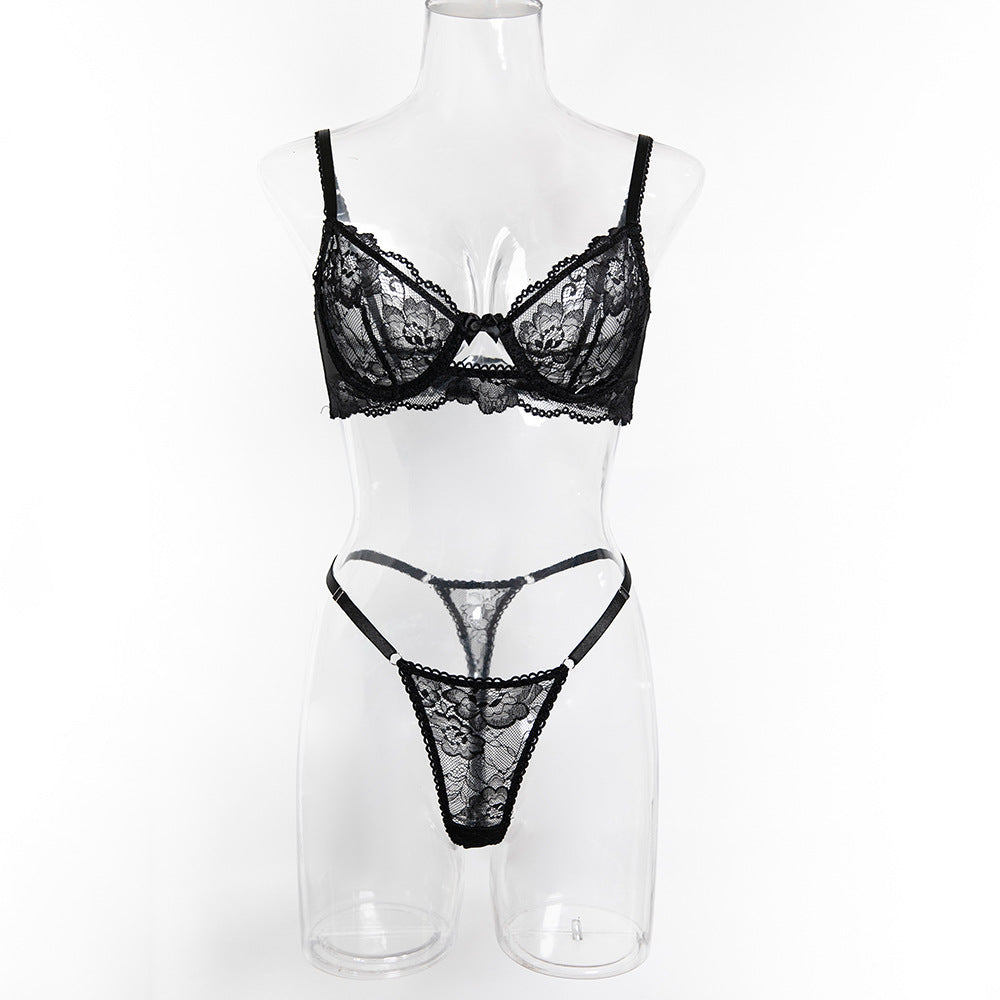 Black Lace See-Through Push-Up Bra & Adjustable Thong Lingerie Set