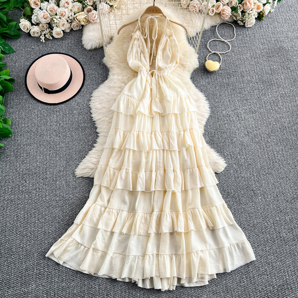 Halter V-Neck Lace-Up Strap Dress for Summer