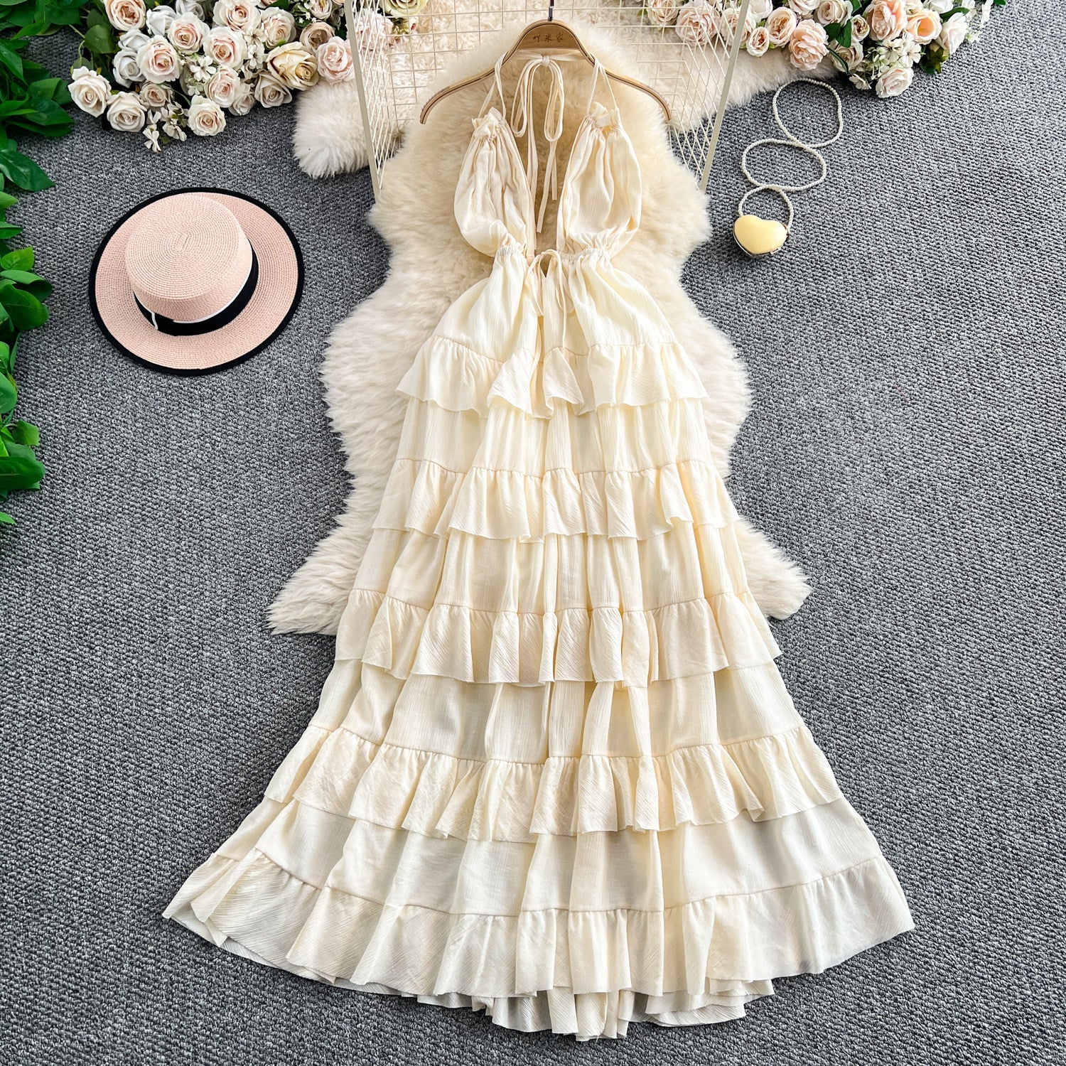 Halter V-Neck Lace-Up Strap Dress for Summer