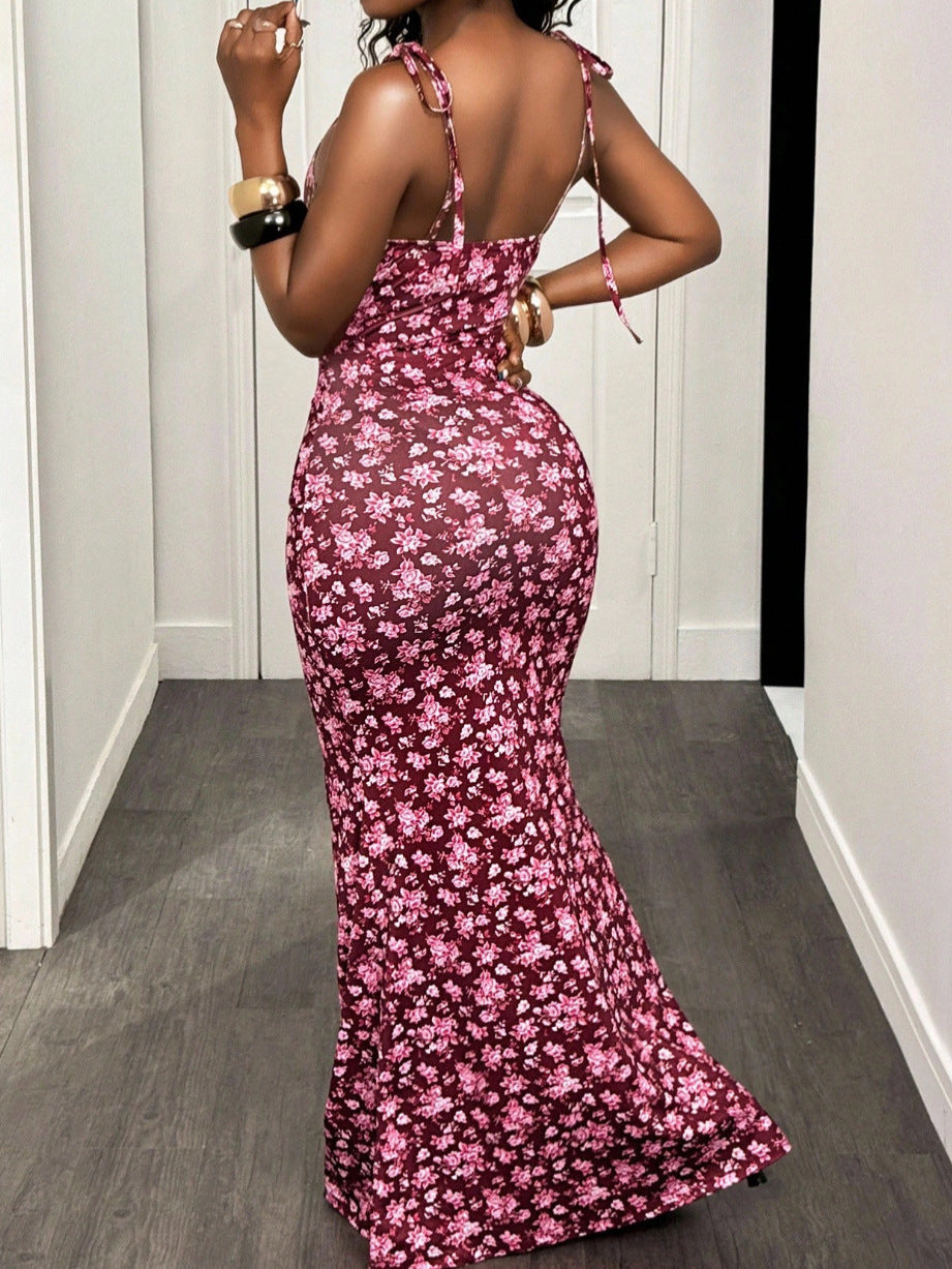 Floral Tie-Strap Cami Mermaid Maxi Dress for Summer Events