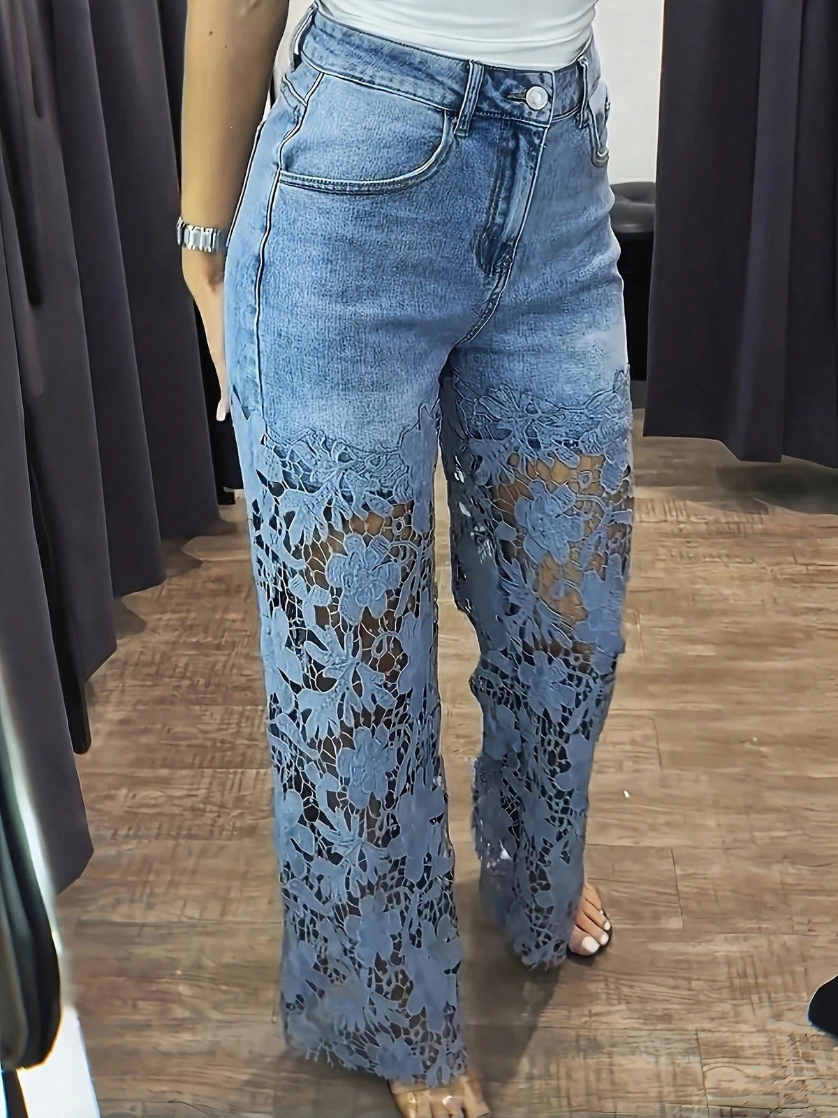 Washed Hollow-Out Lace High Waist Straight Leg Denim Pants for Casual Wear