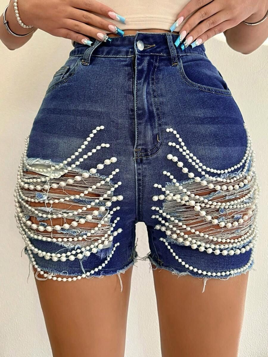 High Waist Slim Fit Ripped Beaded Denim Shorts for Summer Streetwear