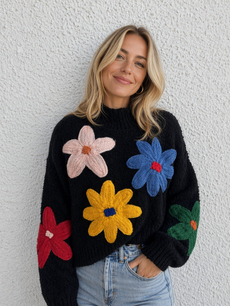 Floral High-Neck Knitted Sweater for Autumn & Winter