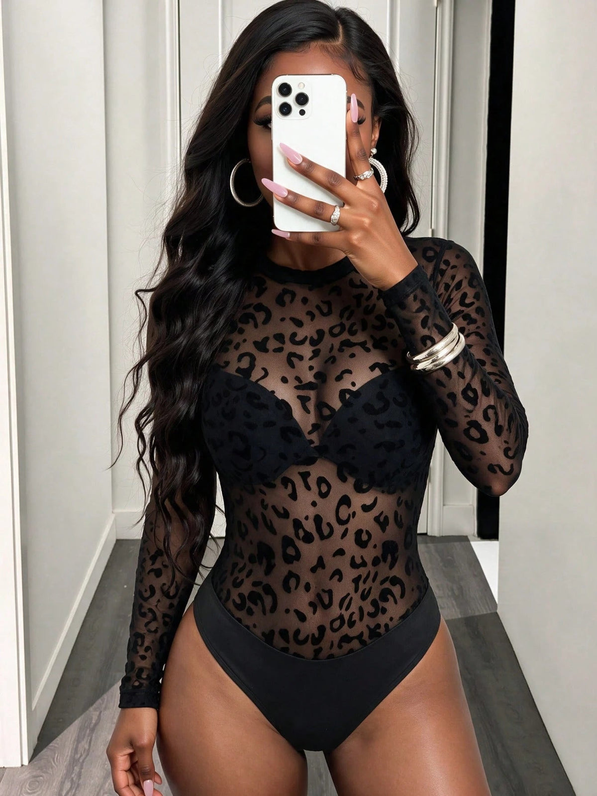See-Through Mesh Leopard Lace Patchwork Jumpsuit for Clubwear