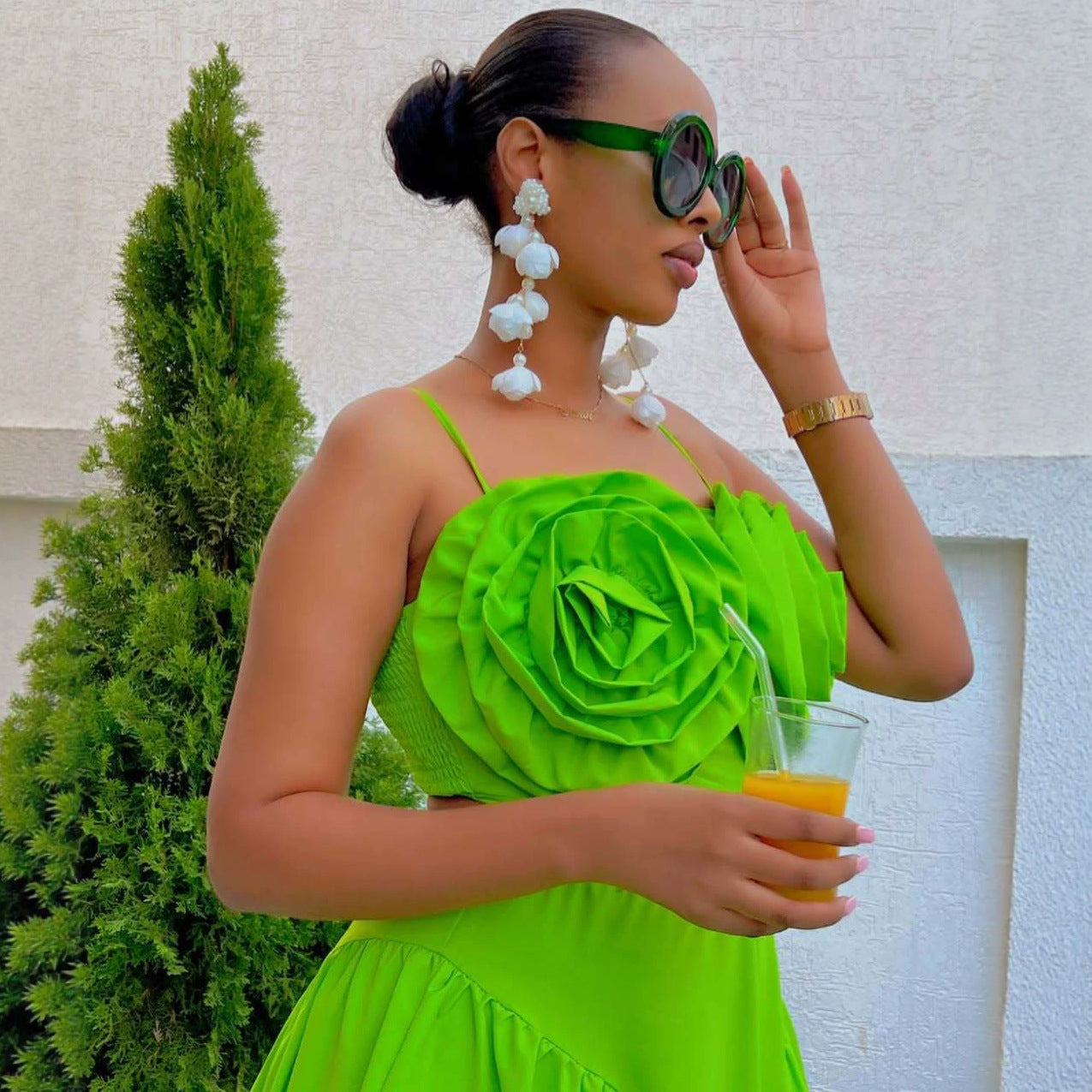 African Green Strapless Floral Crop Top & Skirt Set for Summer Events