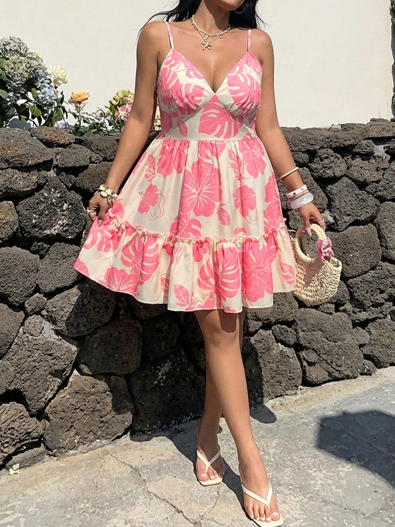 Plus Size Women Printed Strap Dress V-Neck Ruffle Smocked Dress