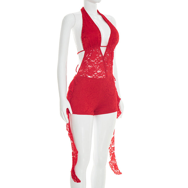 Solid Lace Patchwork Halter Neck Low Back Ruffle Jumpsuit for Party Wear