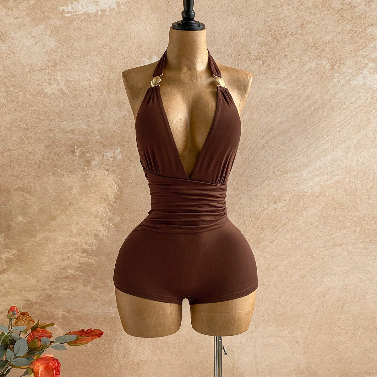 Tropical Print Backless Metal Lace-Up Jumpsuit for Summer Holidays