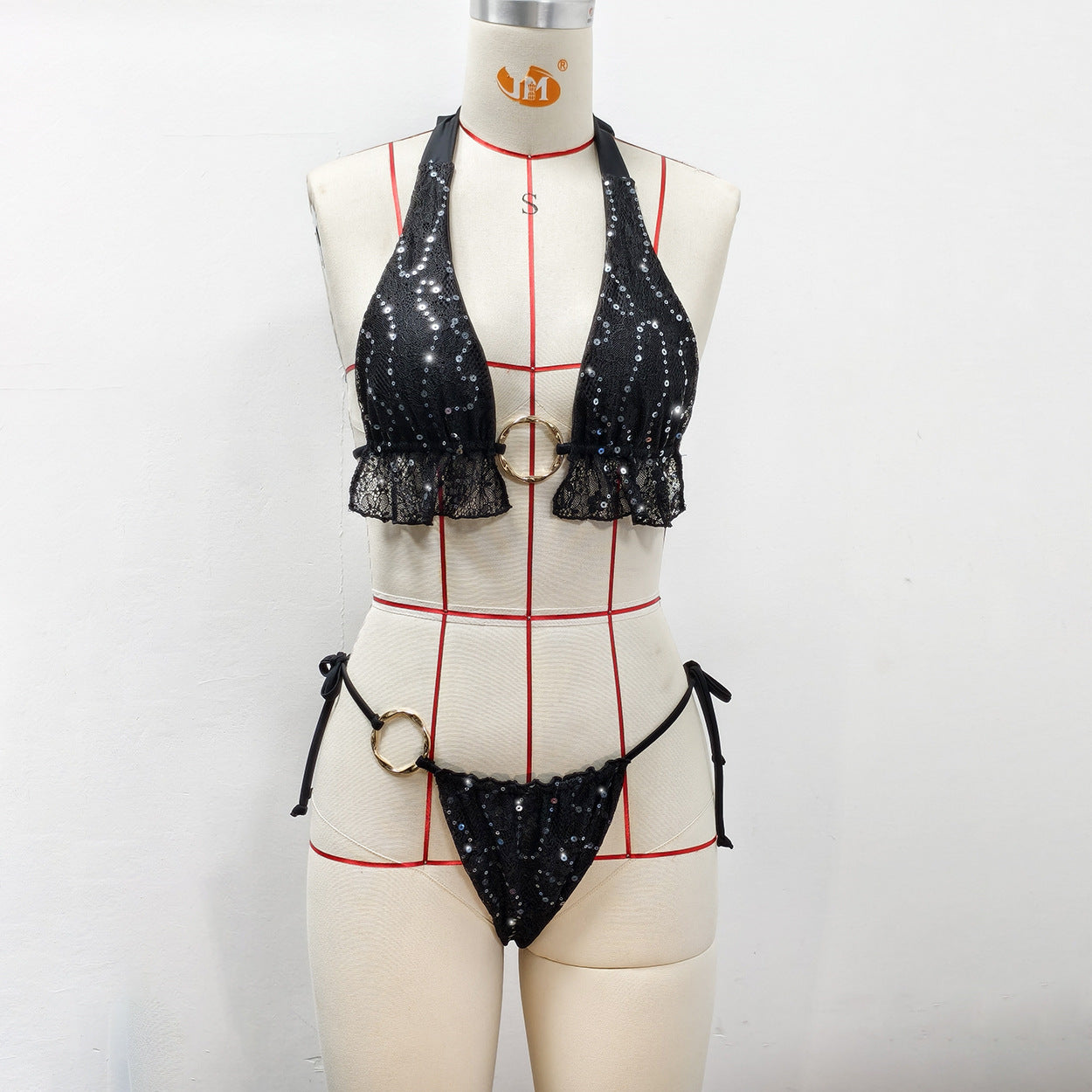 Lace Sequin Ruffle Bikini Swimsuit with Metal Ring Detail for Beachwear