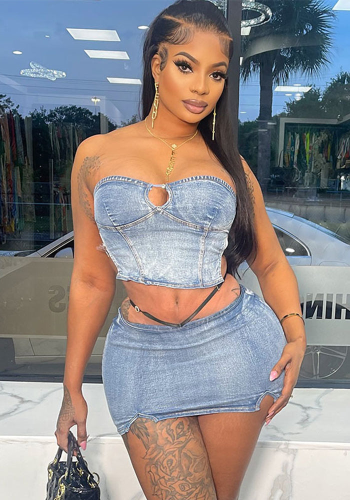 Strapless Denim Top & Slit Mini Skirt Set for Clubwear