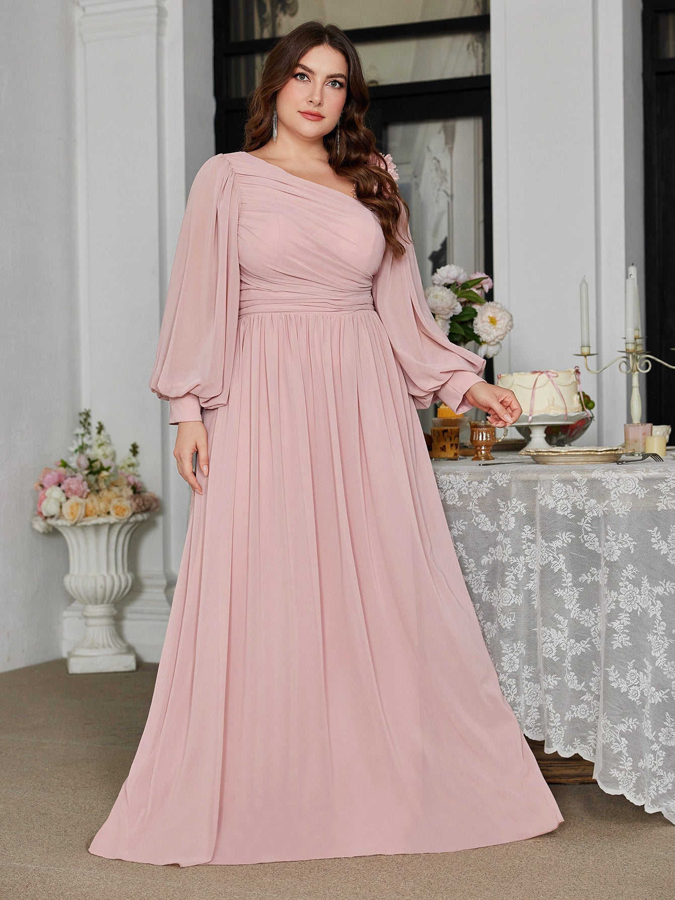 Plus Size Slash Shoulder Applique Lantern Sleeve Long Dress for Bridesmaids & Formal Events