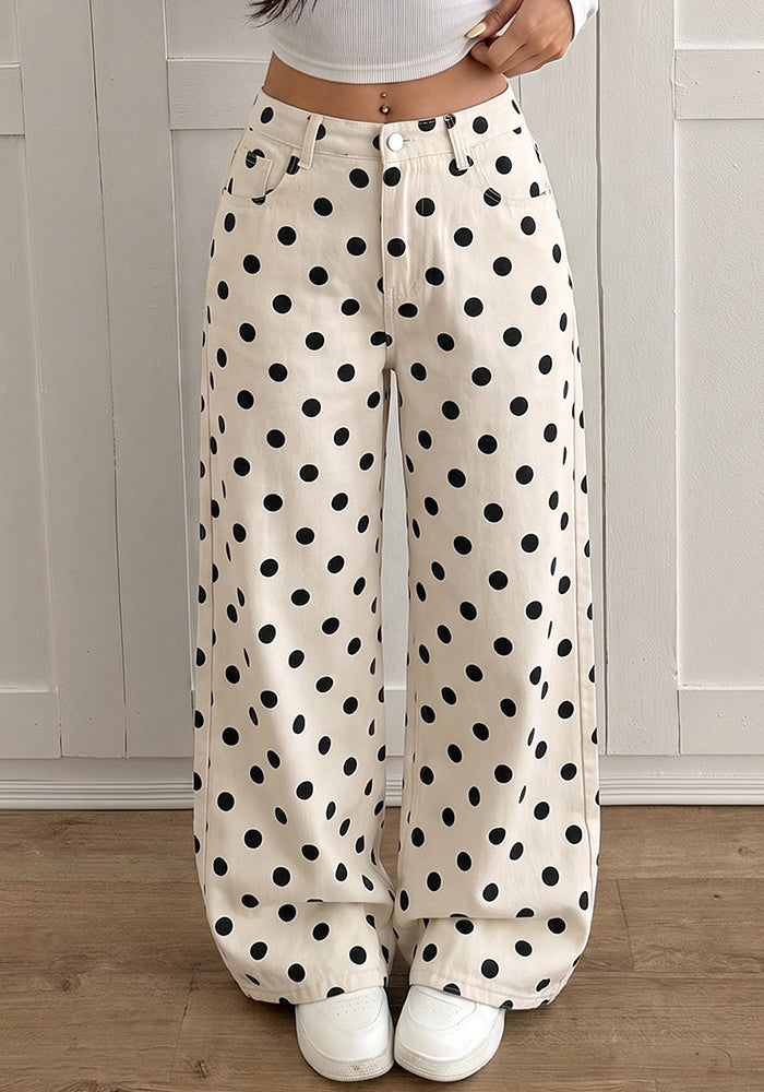 Black Polka Dot High Waist Loose Wide Leg Denim Pants