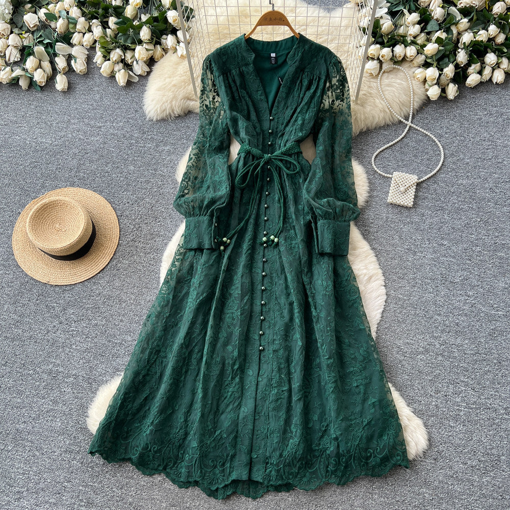 Lace Embroidery V-Neck Long Sleeve Maxi Dress for Summer
