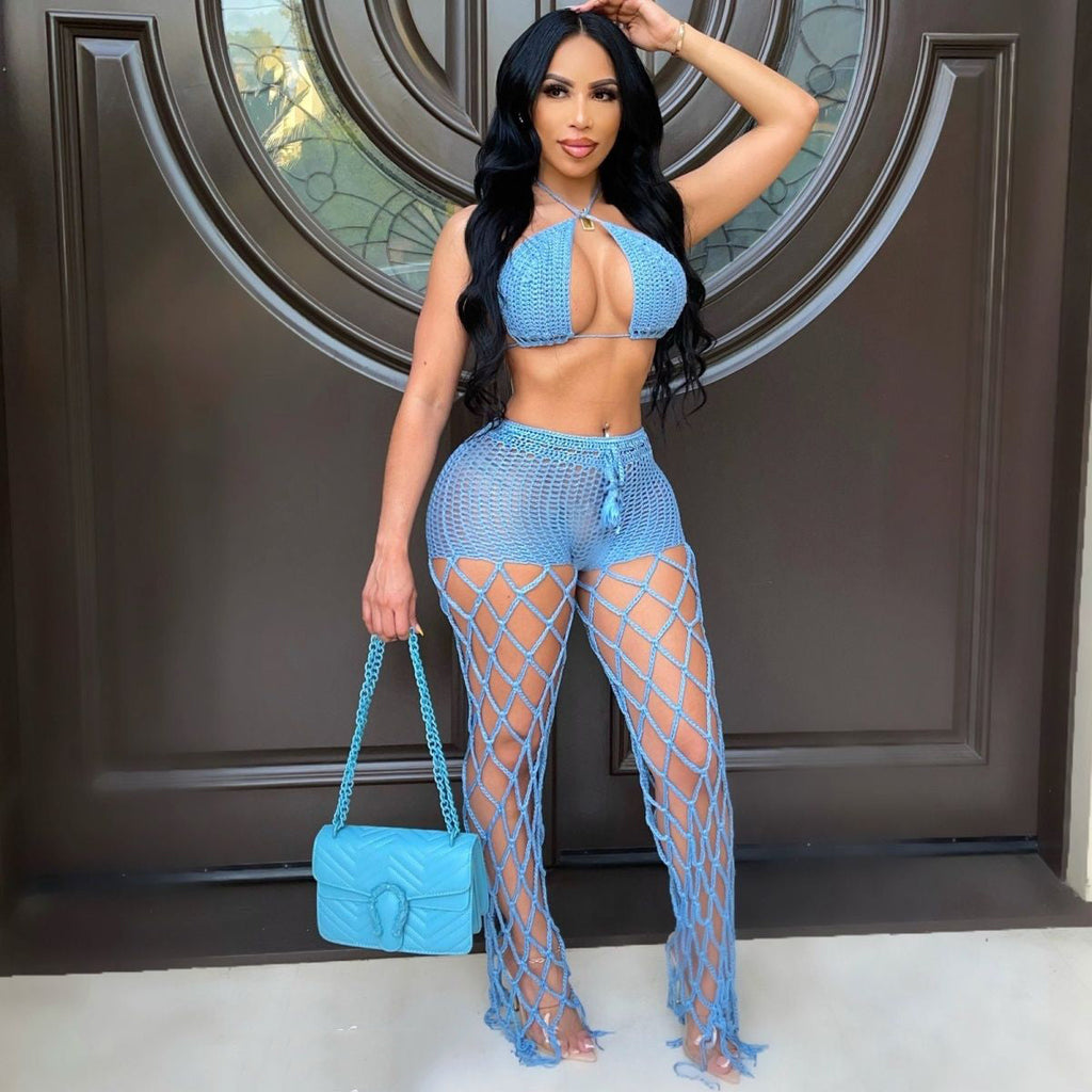 See-Through Hollow-Out Crochet Fishnet Pants Set for Beachwear